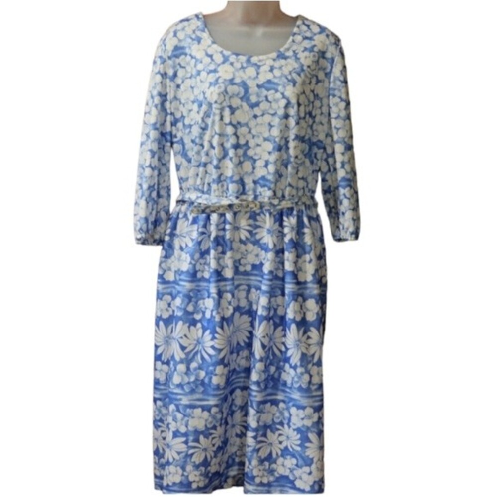 Lady Carol Vintage White & Blue Belted Floral Midi Dress Modest Teacher